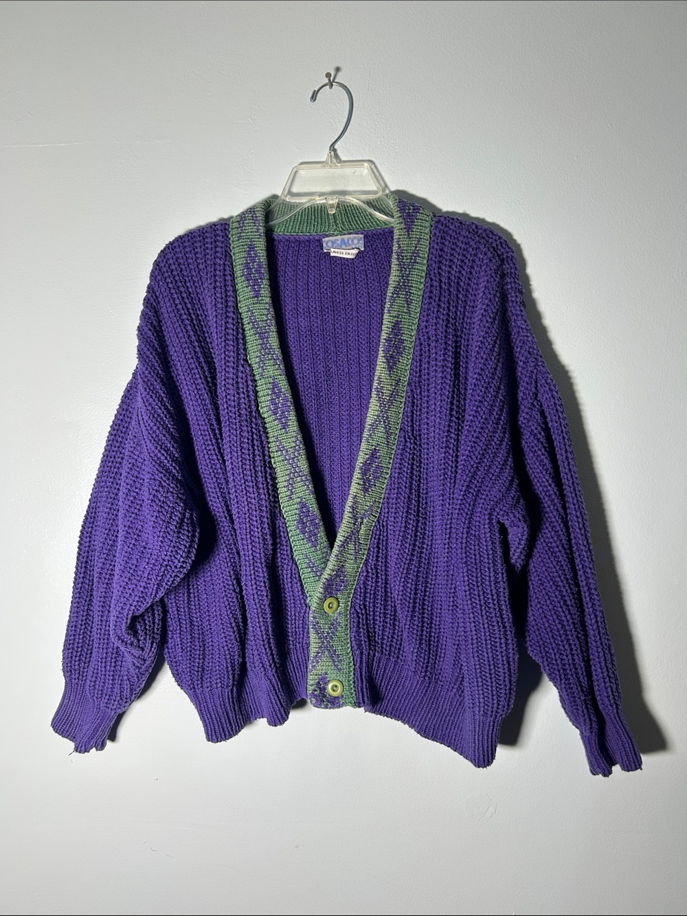 80’s Vintage Purple Knit Cardigan with Green Trim
